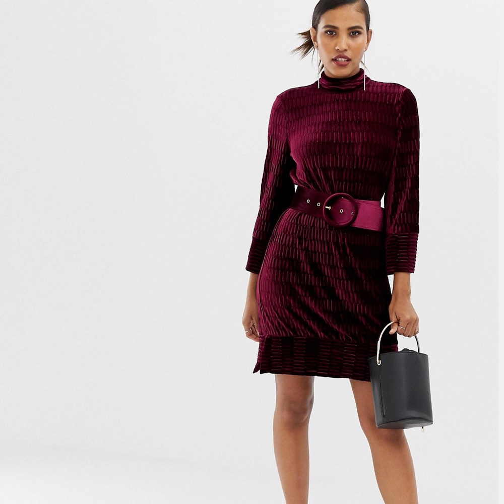 Y.A.S textured high neck mini dress in burgundy